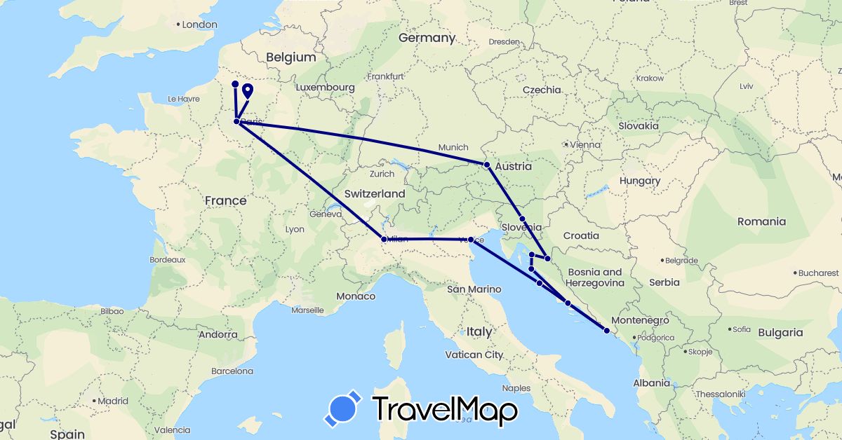 TravelMap itinerary: driving in Germany, France, Croatia, Italy, Slovenia (Europe)